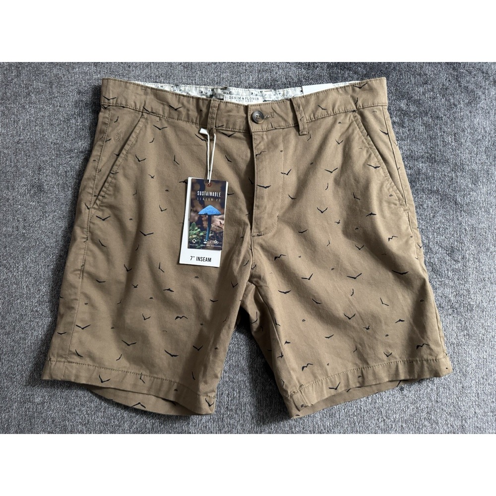 Denim Flower Shorts Mens 30‎ Chino Khaki Cotton Power Stretch Birds 7" Inseam